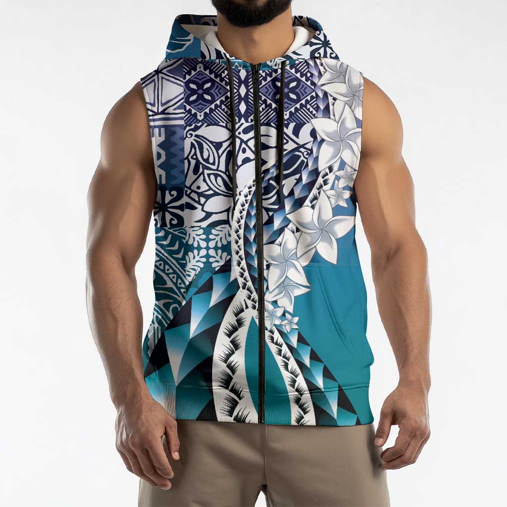 Aloha Vintage Plumeria Hawaiian Tapa Pattern Sleeveless Zip Hoodie Blue Hawaiian Tapa Pattern LT9 - Polynesian Pride