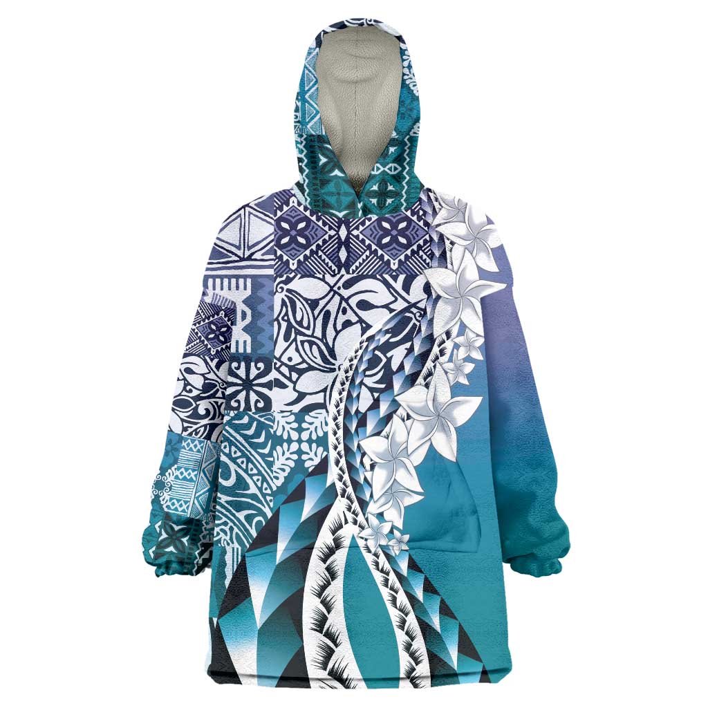 Aloha Vintage Plumeria Hawaiian Tapa Pattern Wearable Blanket Hoodie Blue Hawaiian Tapa Pattern LT9 One Size Blue - Polynesian Pride