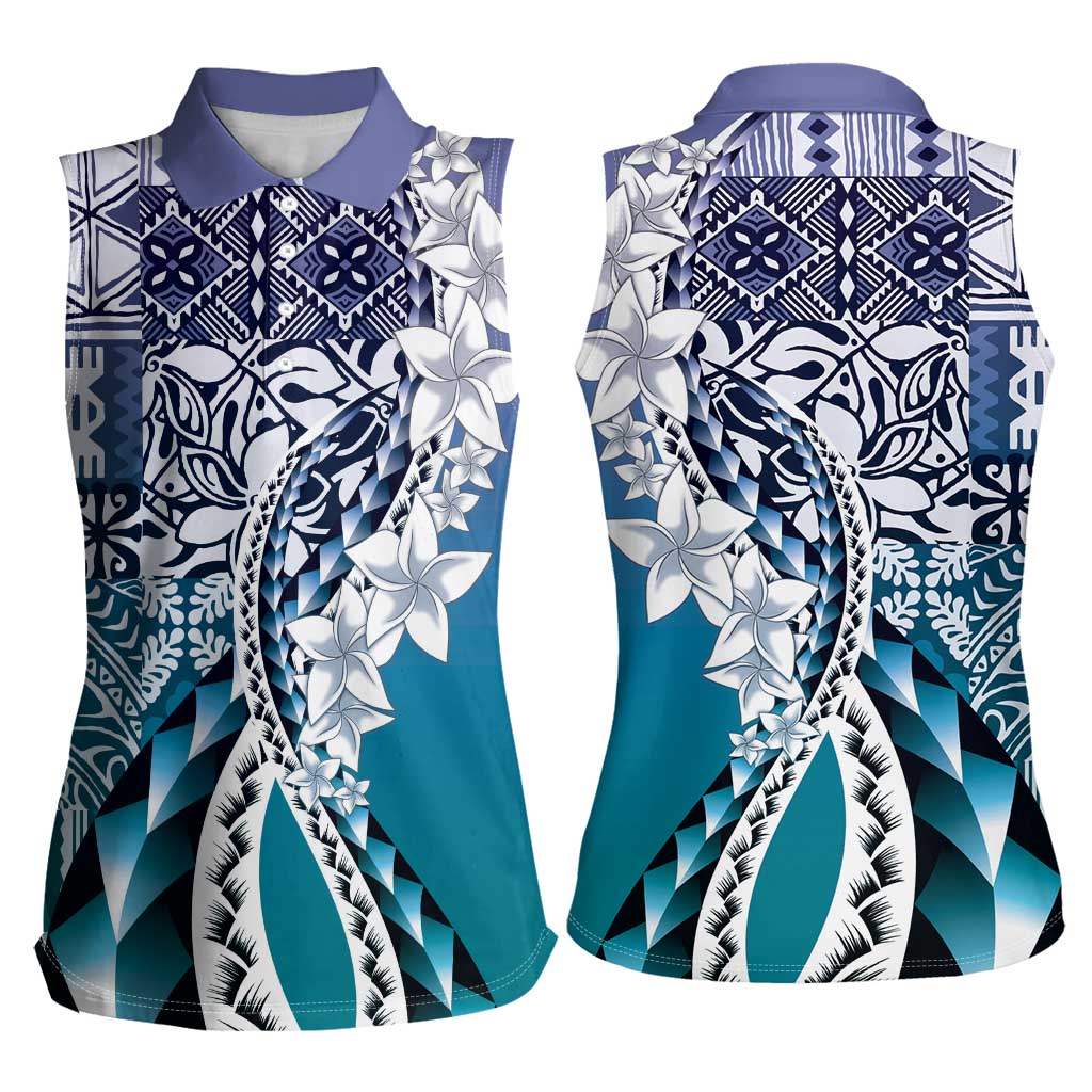 Aloha Vintage Plumeria Hawaiian Tapa Pattern Women Sleeveless Polo Shirt Blue Hawaiian Tapa Pattern - Polynesian Pride