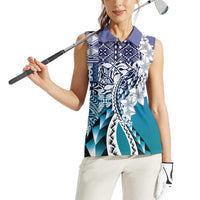 Aloha Vintage Plumeria Hawaiian Tapa Pattern Women Sleeveless Polo Shirt Blue Hawaiian Tapa Pattern - Polynesian Pride