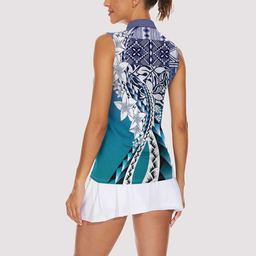Aloha Vintage Plumeria Hawaiian Tapa Pattern Women Sleeveless Polo Shirt Blue Hawaiian Tapa Pattern - Polynesian Pride