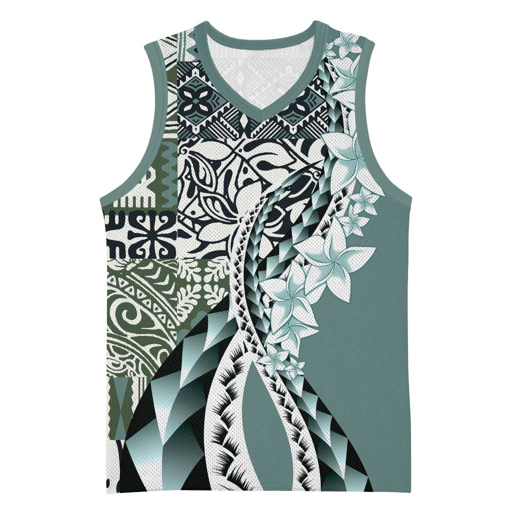 Aloha Vintage Plumeria Hawaiian Tapa Pattern Basketball Jersey Dark Turquoise Hawaiian Tapa Pattern LT9 Unisex Turquoise - Polynesian Pride