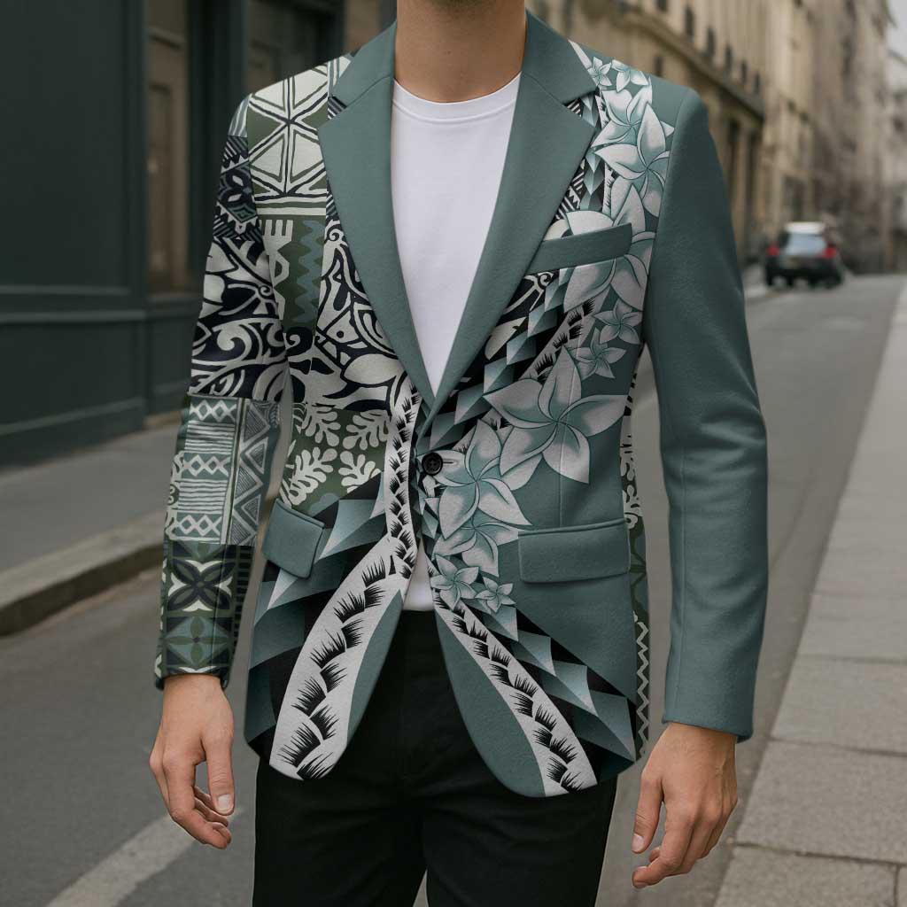 Aloha Vintage Plumeria Hawaiian Tapa Pattern Blazer Dark Turquoise Hawaiian Tapa Pattern LT9 - Polynesian Pride
