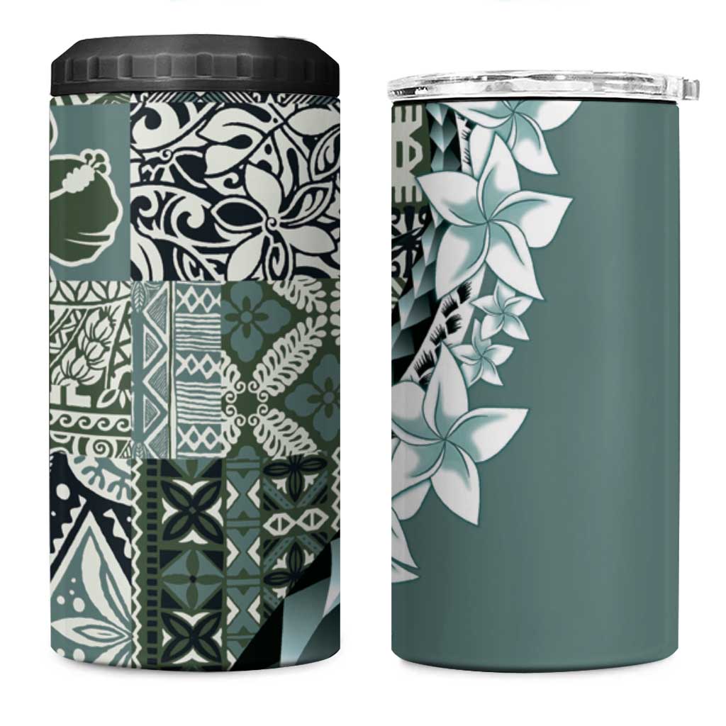 Aloha Vintage Plumeria Hawaiian Tapa Pattern 4 in 1 Can Cooler Tumbler Dark Turquoise Hawaiian Tapa Pattern - Polynesian Pride
