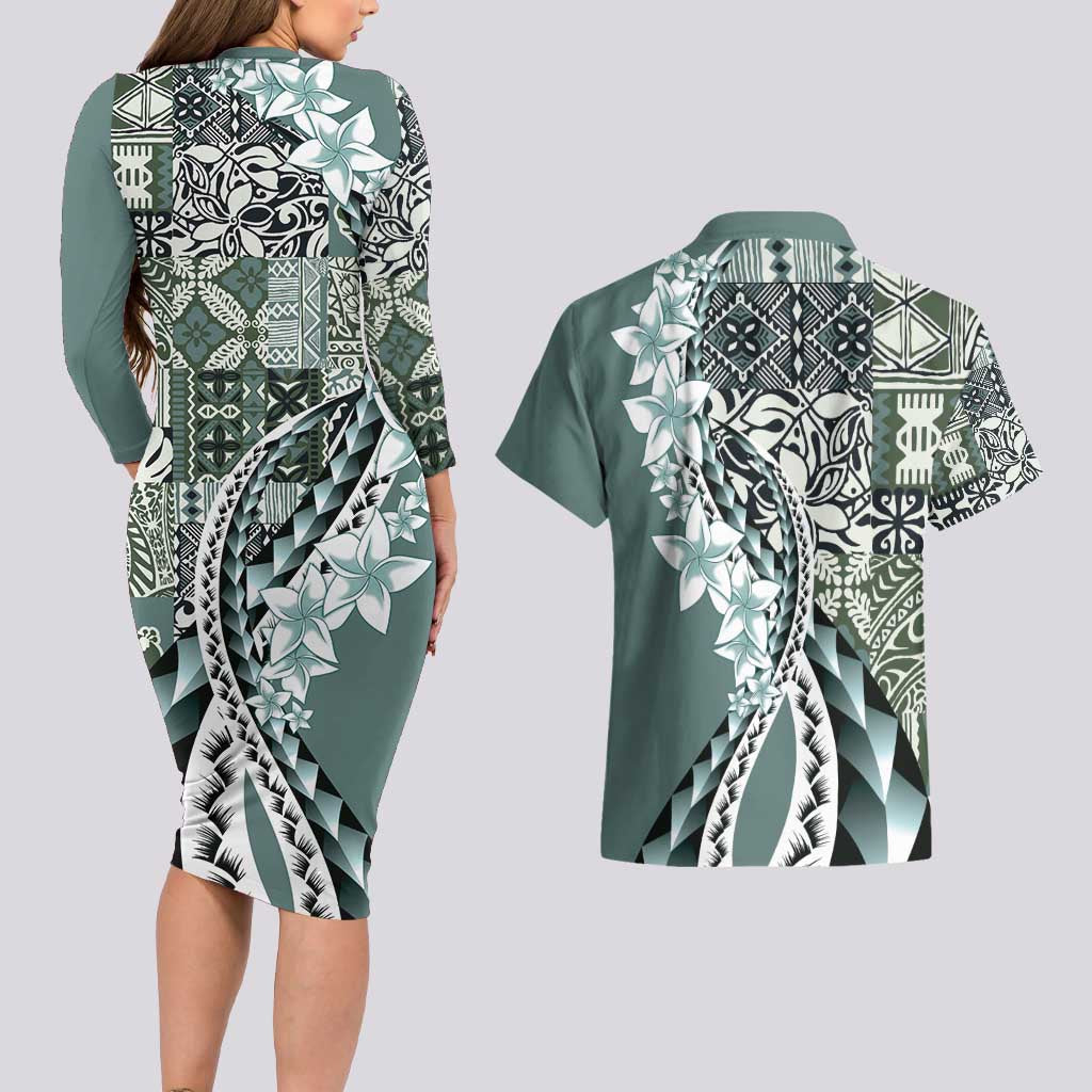 Aloha Vintage Plumeria Hawaiian Tapa Pattern Couples Matching Long Sleeve Bodycon Dress and Hawaiian Shirt Dark Turquoise Hawaiian Tapa Pattern - Polynesian Pride