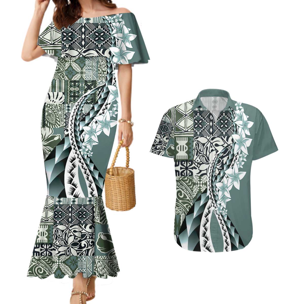 Aloha Vintage Plumeria Hawaiian Tapa Pattern Couples Matching Mermaid Dress and Hawaiian Shirt Dark Turquoise Hawaiian Tapa Pattern - Polynesian Pride