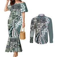 Aloha Vintage Plumeria Hawaiian Tapa Pattern Couples Matching Mermaid Dress and Long Sleeve Button Shirt Dark Turquoise Hawaiian Tapa Pattern - Polynesian Pride