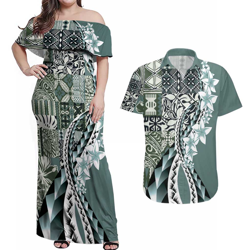Aloha Vintage Plumeria Hawaiian Tapa Pattern Couples Matching Off Shoulder Maxi Dress and Hawaiian Shirt Dark Turquoise Hawaiian Tapa Pattern - Polynesian Pride