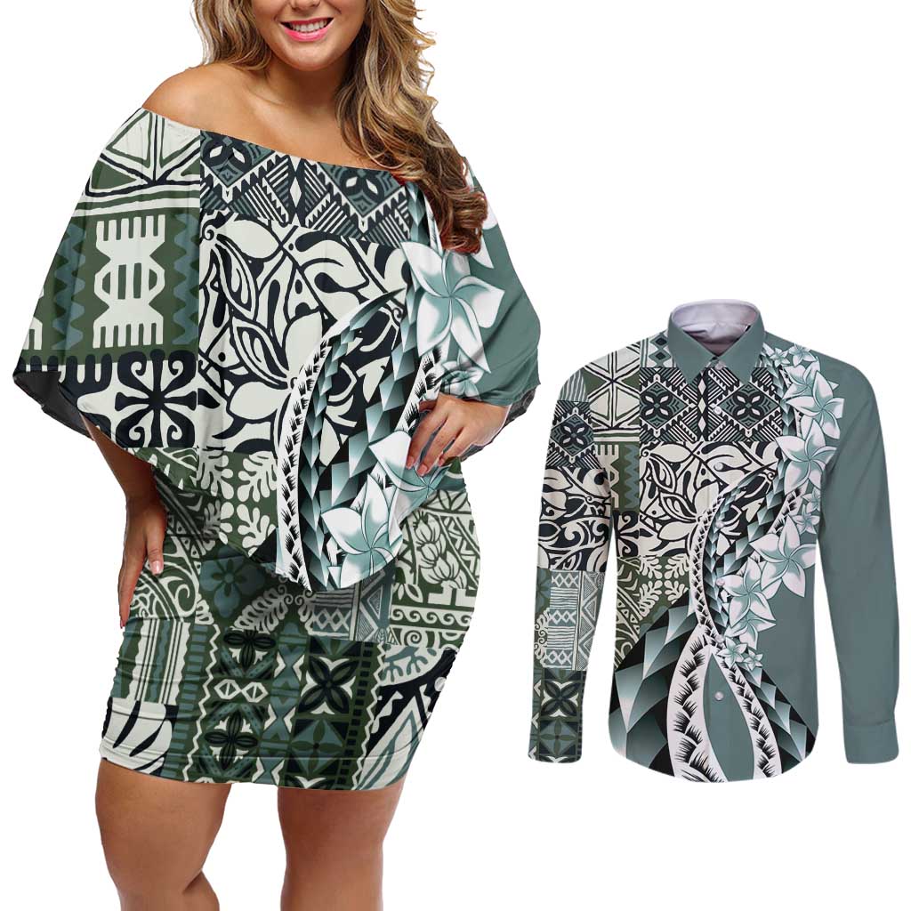 Aloha Vintage Plumeria Hawaiian Tapa Pattern Couples Matching Off Shoulder Short Dress and Long Sleeve Button Shirt Dark Turquoise Hawaiian Tapa Pattern - Polynesian Pride