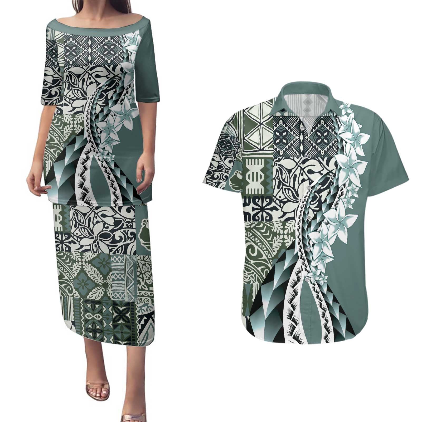 Aloha Vintage Plumeria Hawaiian Tapa Pattern Couples Matching Puletasi and Hawaiian Shirt Dark Turquoise Hawaiian Tapa Pattern - Polynesian Pride