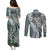 Aloha Vintage Plumeria Hawaiian Tapa Pattern Couples Matching Puletasi and Long Sleeve Button Shirt Dark Turquoise Hawaiian Tapa Pattern - Polynesian Pride