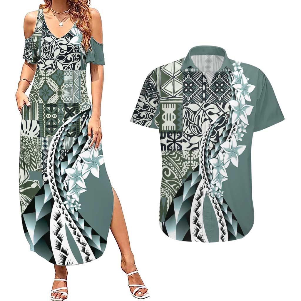 Aloha Vintage Plumeria Hawaiian Tapa Pattern Couples Matching Summer Maxi Dress and Hawaiian Shirt Dark Turquoise Hawaiian Tapa Pattern - Polynesian Pride