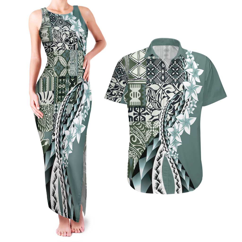 Aloha Vintage Plumeria Hawaiian Tapa Pattern Couples Matching Tank Maxi Dress and Hawaiian Shirt Dark Turquoise Hawaiian Tapa Pattern - Polynesian Pride