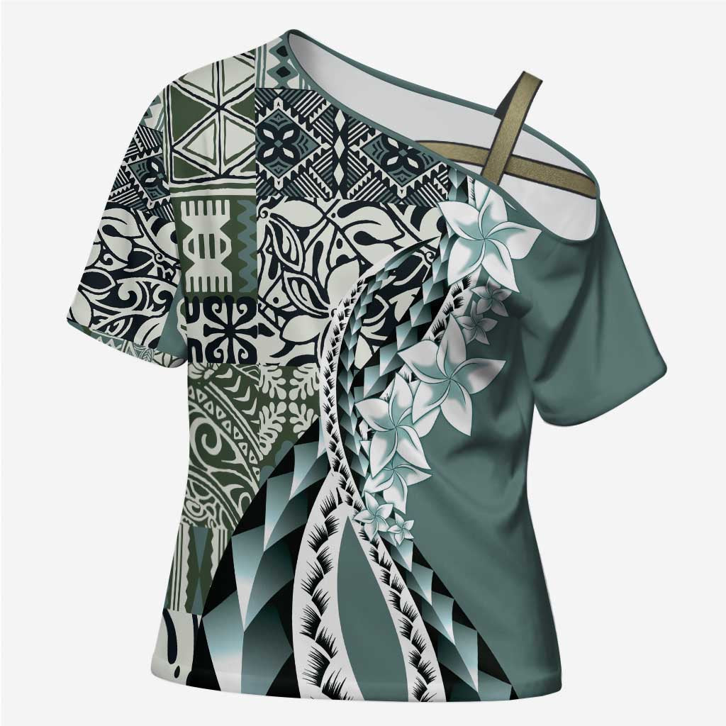 Aloha Vintage Plumeria Hawaiian Tapa Pattern Cross Shoulder Shirt Dark Turquoise Hawaiian Tapa Pattern LT9 Female Turquoise - Polynesian Pride