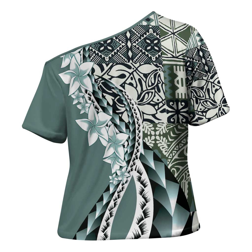 Aloha Vintage Plumeria Hawaiian Tapa Pattern Cross Shoulder Shirt Dark Turquoise Hawaiian Tapa Pattern LT9 - Polynesian Pride