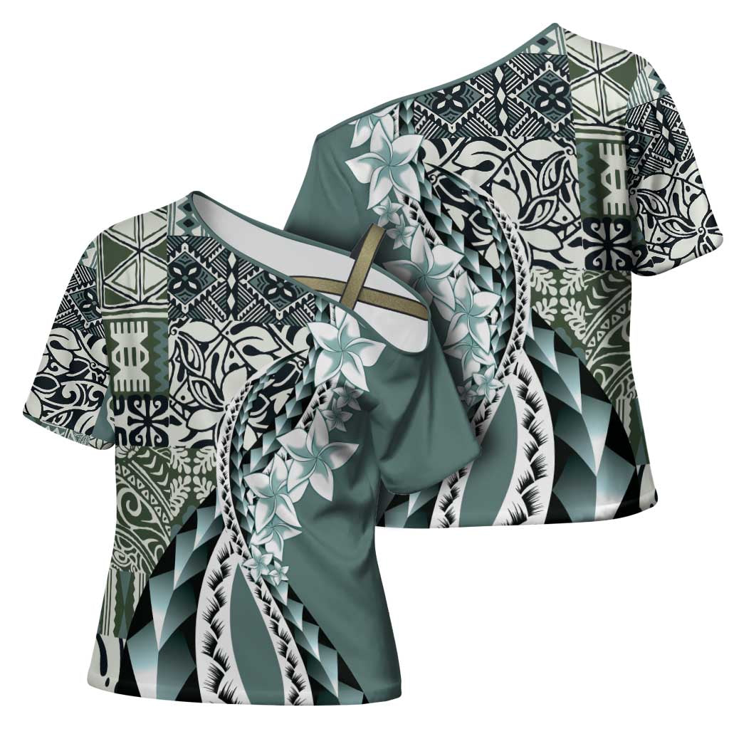 Aloha Vintage Plumeria Hawaiian Tapa Pattern Cross Shoulder Shirt Dark Turquoise Hawaiian Tapa Pattern LT9 - Polynesian Pride