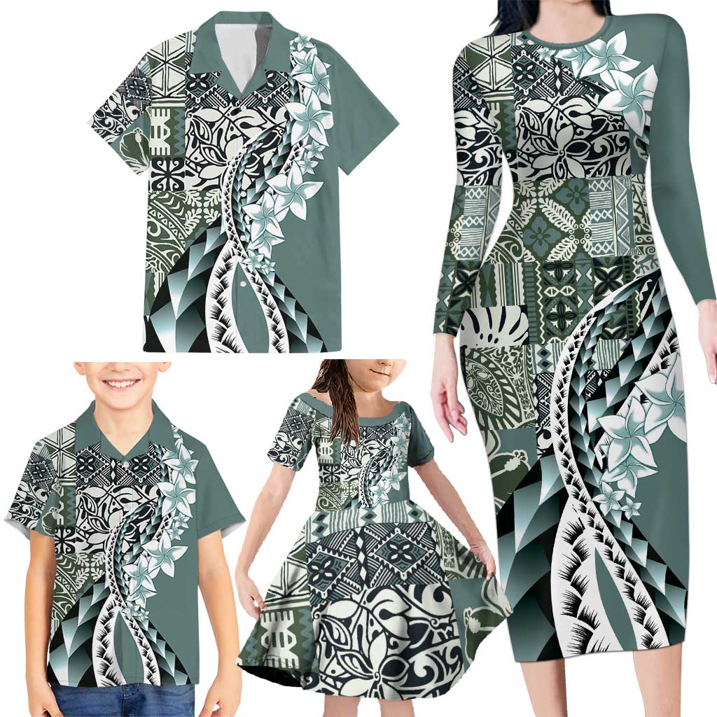 Aloha Vintage Plumeria Hawaiian Tapa Pattern Family Matching Long Sleeve Bodycon Dress and Hawaiian Shirt Dark Turquoise Hawaiian Tapa Pattern - Polynesian Pride