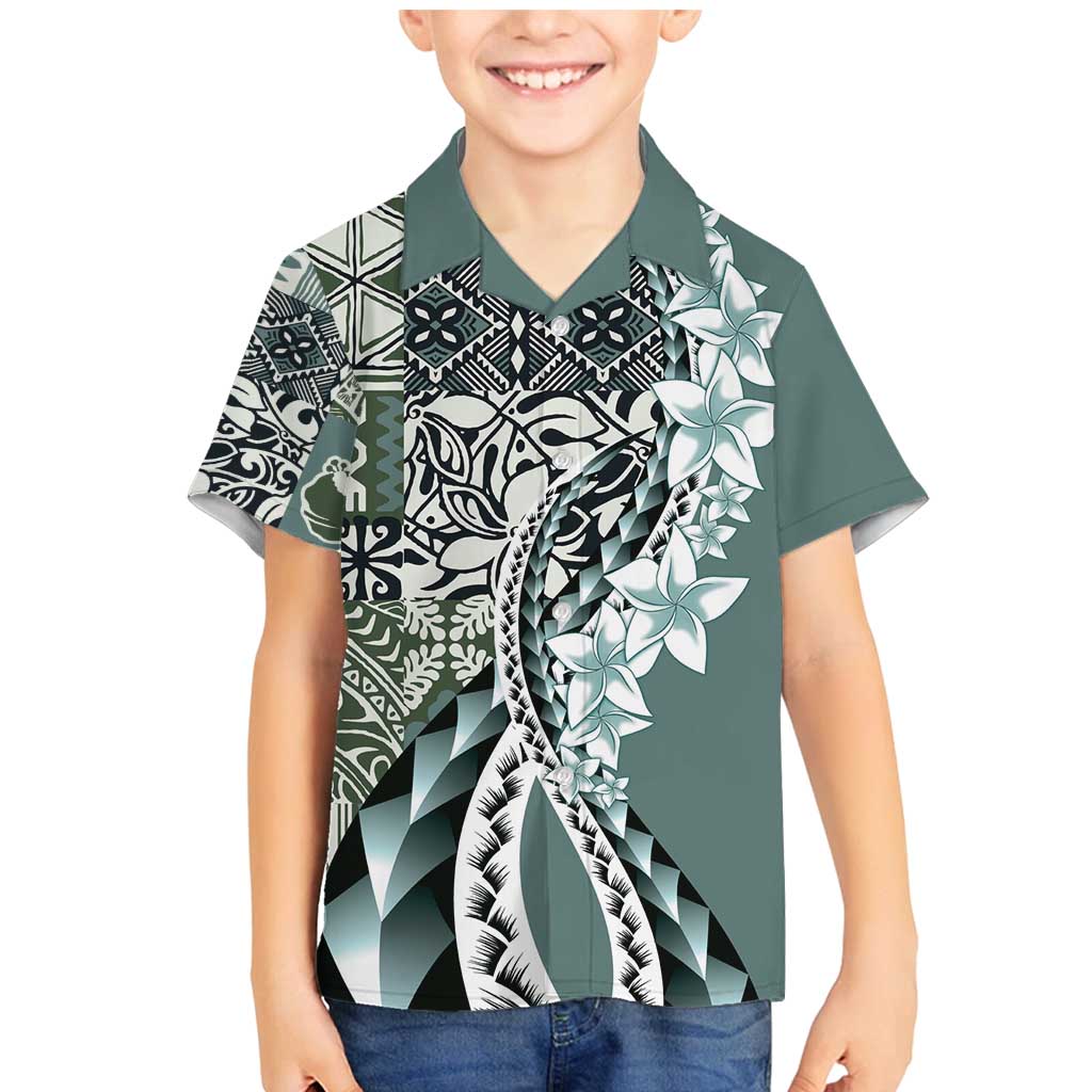 Aloha Vintage Plumeria Hawaiian Tapa Pattern Family Matching Mermaid Dress and Hawaiian Shirt Dark Turquoise Hawaiian Tapa Pattern - Polynesian Pride
