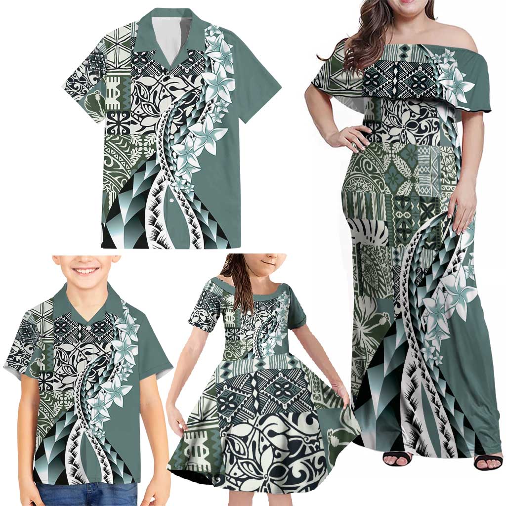 Aloha Vintage Plumeria Hawaiian Tapa Pattern Family Matching Off Shoulder Maxi Dress and Hawaiian Shirt Dark Turquoise Hawaiian Tapa Pattern - Polynesian Pride