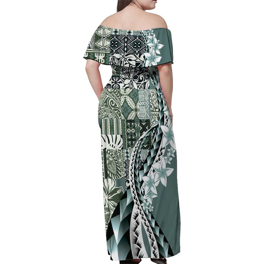 Aloha Vintage Plumeria Hawaiian Tapa Pattern Family Matching Off Shoulder Maxi Dress and Hawaiian Shirt Dark Turquoise Hawaiian Tapa Pattern - Polynesian Pride