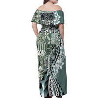 Aloha Vintage Plumeria Hawaiian Tapa Pattern Family Matching Off Shoulder Maxi Dress and Hawaiian Shirt Dark Turquoise Hawaiian Tapa Pattern - Polynesian Pride