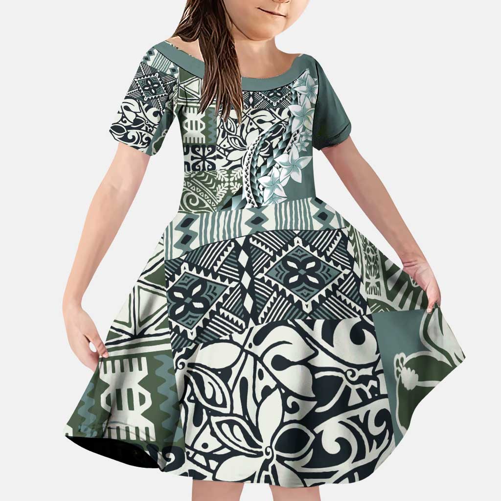 Aloha Vintage Plumeria Hawaiian Tapa Pattern Family Matching Puletasi and Hawaiian Shirt Dark Turquoise Hawaiian Tapa Pattern - Polynesian Pride