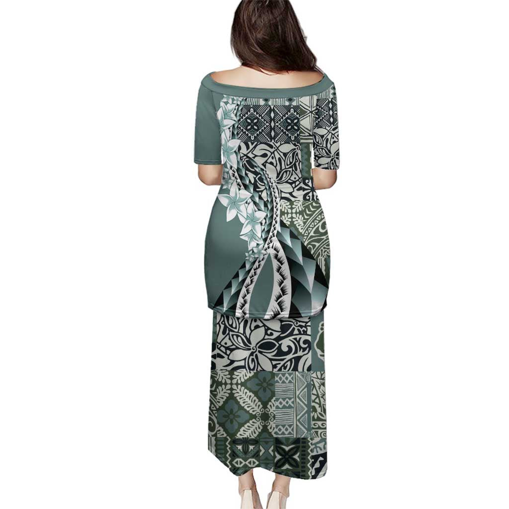 Aloha Vintage Plumeria Hawaiian Tapa Pattern Family Matching Puletasi and Hawaiian Shirt Dark Turquoise Hawaiian Tapa Pattern - Polynesian Pride