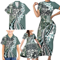 Aloha Vintage Plumeria Hawaiian Tapa Pattern Family Matching Short Sleeve Bodycon Dress and Hawaiian Shirt Dark Turquoise Hawaiian Tapa Pattern - Polynesian Pride