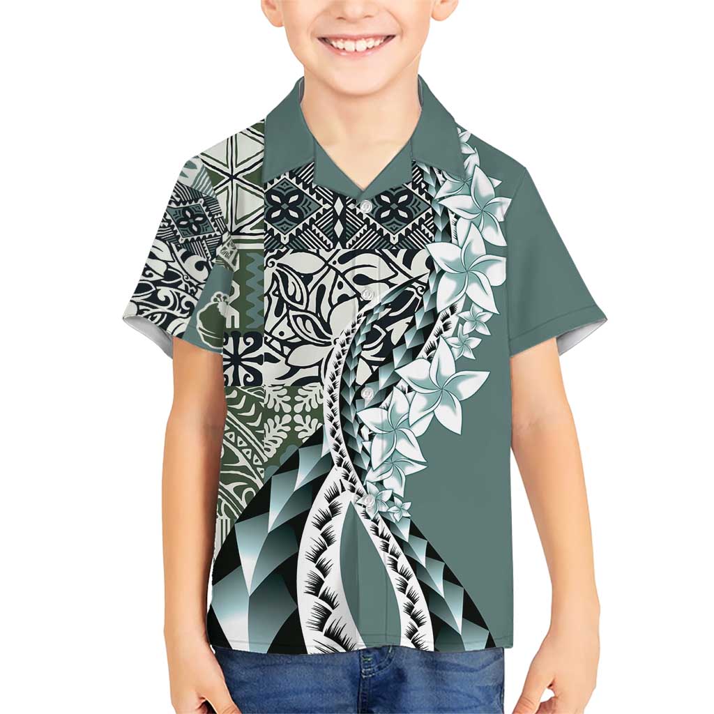 Aloha Vintage Plumeria Hawaiian Tapa Pattern Family Matching Short Sleeve Bodycon Dress and Hawaiian Shirt Dark Turquoise Hawaiian Tapa Pattern - Polynesian Pride