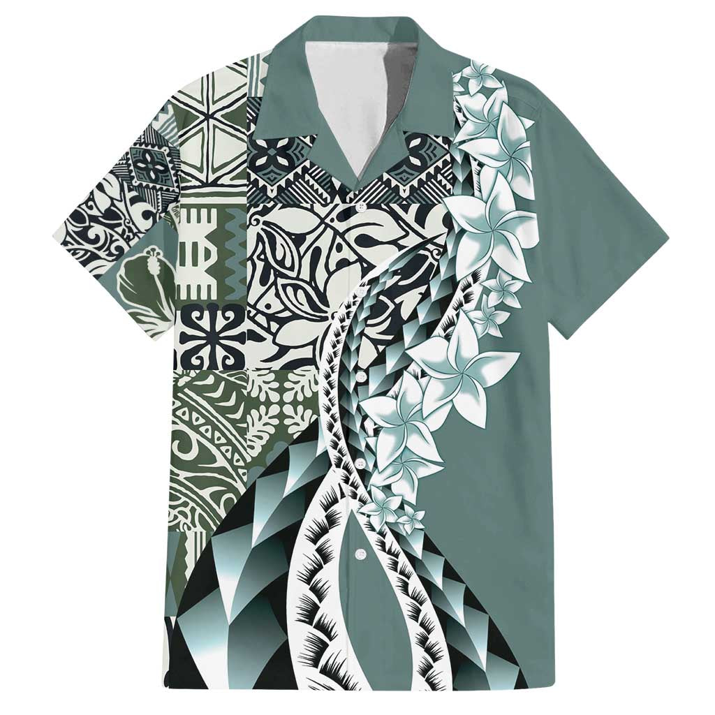 Aloha Vintage Plumeria Hawaiian Tapa Pattern Family Matching Tank Maxi Dress and Hawaiian Shirt Dark Turquoise Hawaiian Tapa Pattern - Polynesian Pride