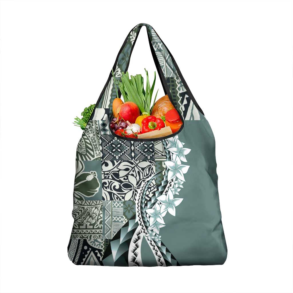Aloha Vintage Plumeria Hawaiian Tapa Pattern Grocery Bag Dark Turquoise Hawaiian Tapa Pattern - Polynesian Pride
