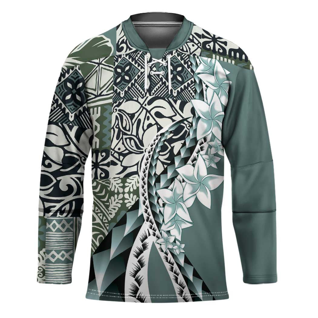 Aloha Vintage Plumeria Hawaiian Tapa Pattern Hockey Jersey Dark Turquoise Hawaiian Tapa Pattern LT9 Unisex Turquoise - Polynesian Pride