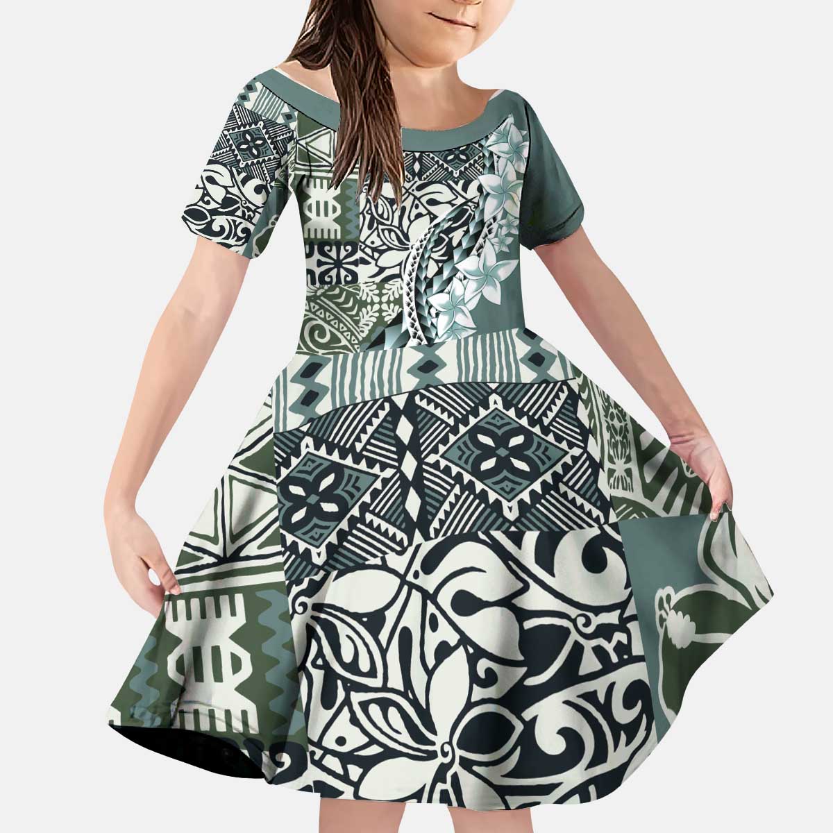 Aloha Vintage Plumeria Hawaiian Tapa Pattern Kid Short Sleeve Dress Dark Turquoise Hawaiian Tapa Pattern - Polynesian Pride