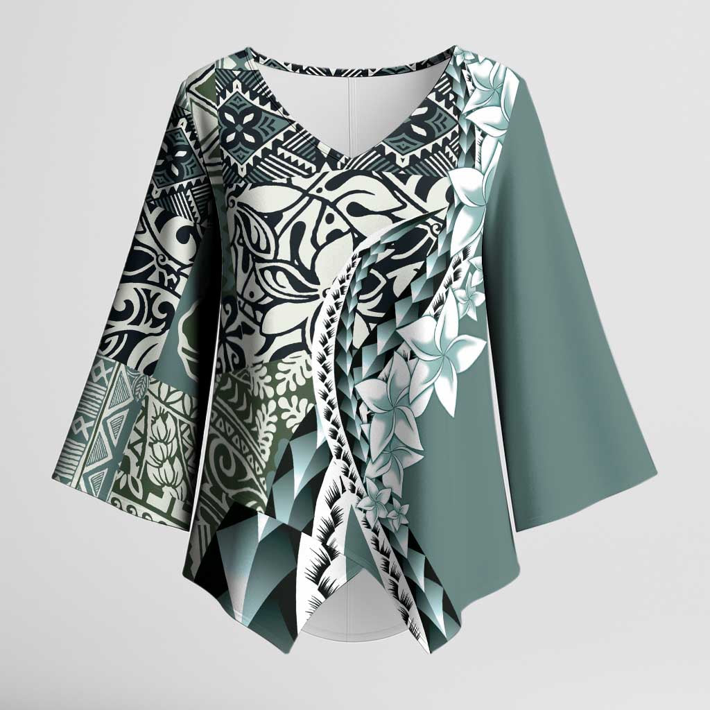 Aloha Vintage Plumeria Hawaiian Tapa Pattern Kimono Sleeve Blouse Dark Turquoise Hawaiian Tapa Pattern LT9 Female Turquoise - Polynesian Pride