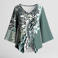 Aloha Vintage Plumeria Hawaiian Tapa Pattern Kimono Sleeve Blouse Dark Turquoise Hawaiian Tapa Pattern LT9 Female Turquoise - Polynesian Pride