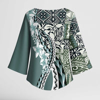 Aloha Vintage Plumeria Hawaiian Tapa Pattern Kimono Sleeve Blouse Dark Turquoise Hawaiian Tapa Pattern LT9 - Polynesian Pride