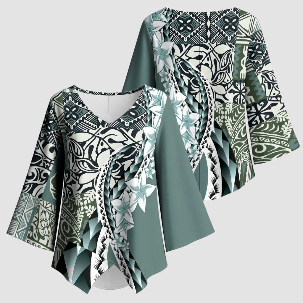 Aloha Vintage Plumeria Hawaiian Tapa Pattern Kimono Sleeve Blouse Dark Turquoise Hawaiian Tapa Pattern LT9 - Polynesian Pride