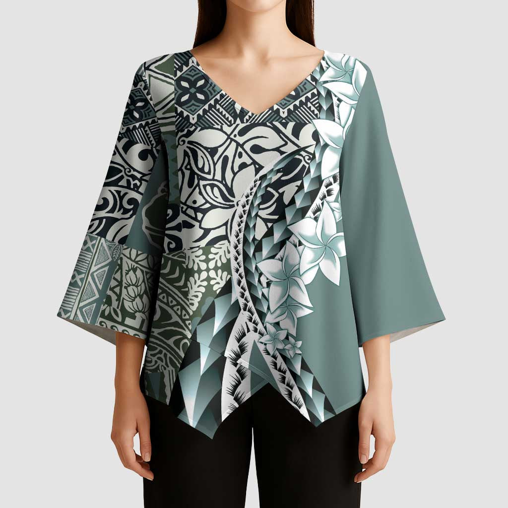 Aloha Vintage Plumeria Hawaiian Tapa Pattern Kimono Sleeve Blouse Dark Turquoise Hawaiian Tapa Pattern LT9 - Polynesian Pride