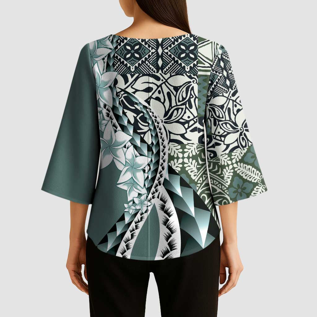 Aloha Vintage Plumeria Hawaiian Tapa Pattern Kimono Sleeve Blouse Dark Turquoise Hawaiian Tapa Pattern LT9 - Polynesian Pride