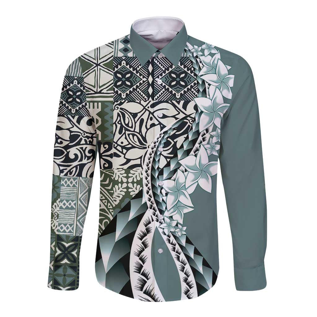 Aloha Vintage Plumeria Hawaiian Tapa Pattern Long Sleeve Button Shirt Dark Turquoise Hawaiian Tapa Pattern LT9 Unisex Turquoise - Polynesian Pride
