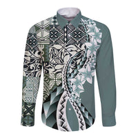 Aloha Vintage Plumeria Hawaiian Tapa Pattern Long Sleeve Button Shirt Dark Turquoise Hawaiian Tapa Pattern LT9 Unisex Turquoise - Polynesian Pride