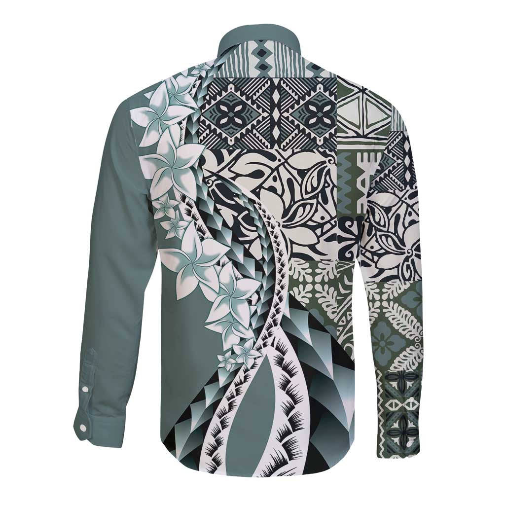 Aloha Vintage Plumeria Hawaiian Tapa Pattern Long Sleeve Button Shirt Dark Turquoise Hawaiian Tapa Pattern LT9 - Polynesian Pride