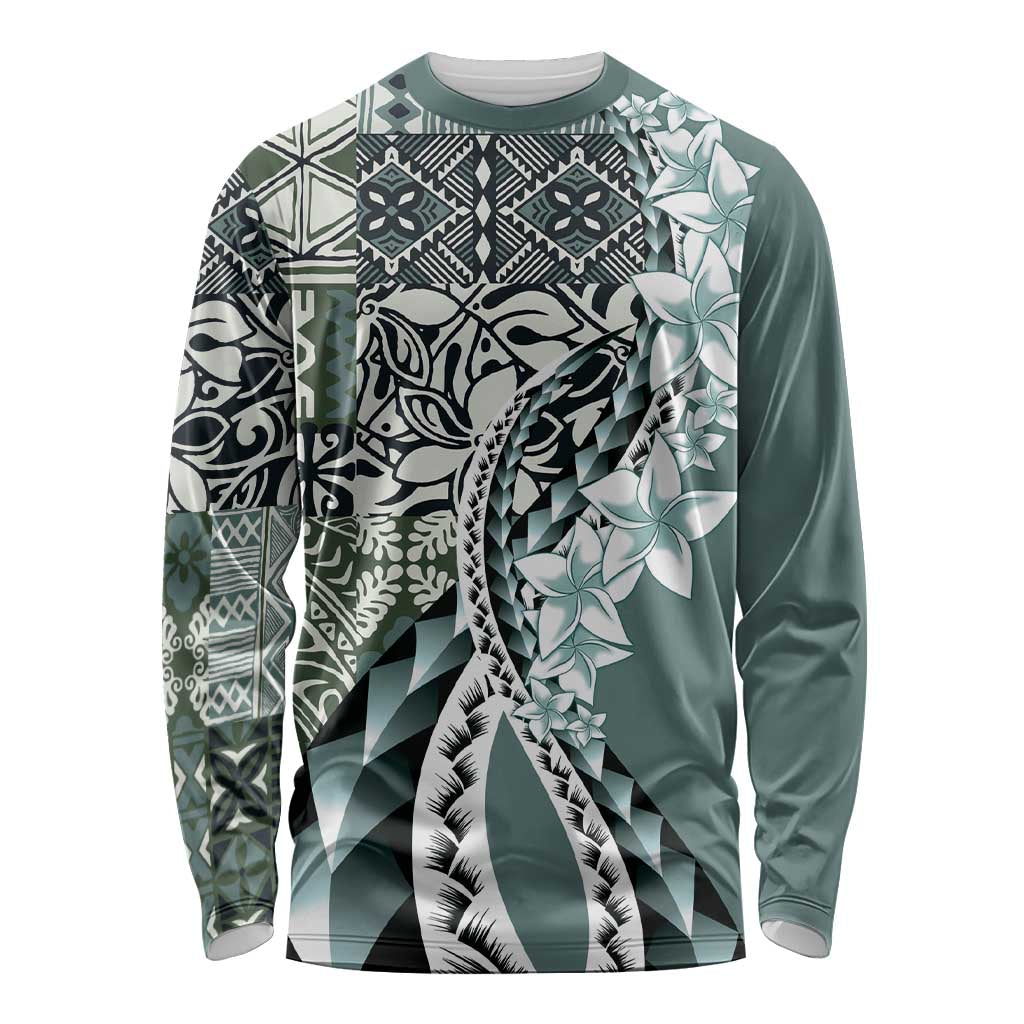 Aloha Vintage Plumeria Hawaiian Tapa Pattern Long Sleeve Shirt Dark Turquoise Hawaiian Tapa Pattern LT9 Unisex Turquoise - Polynesian Pride