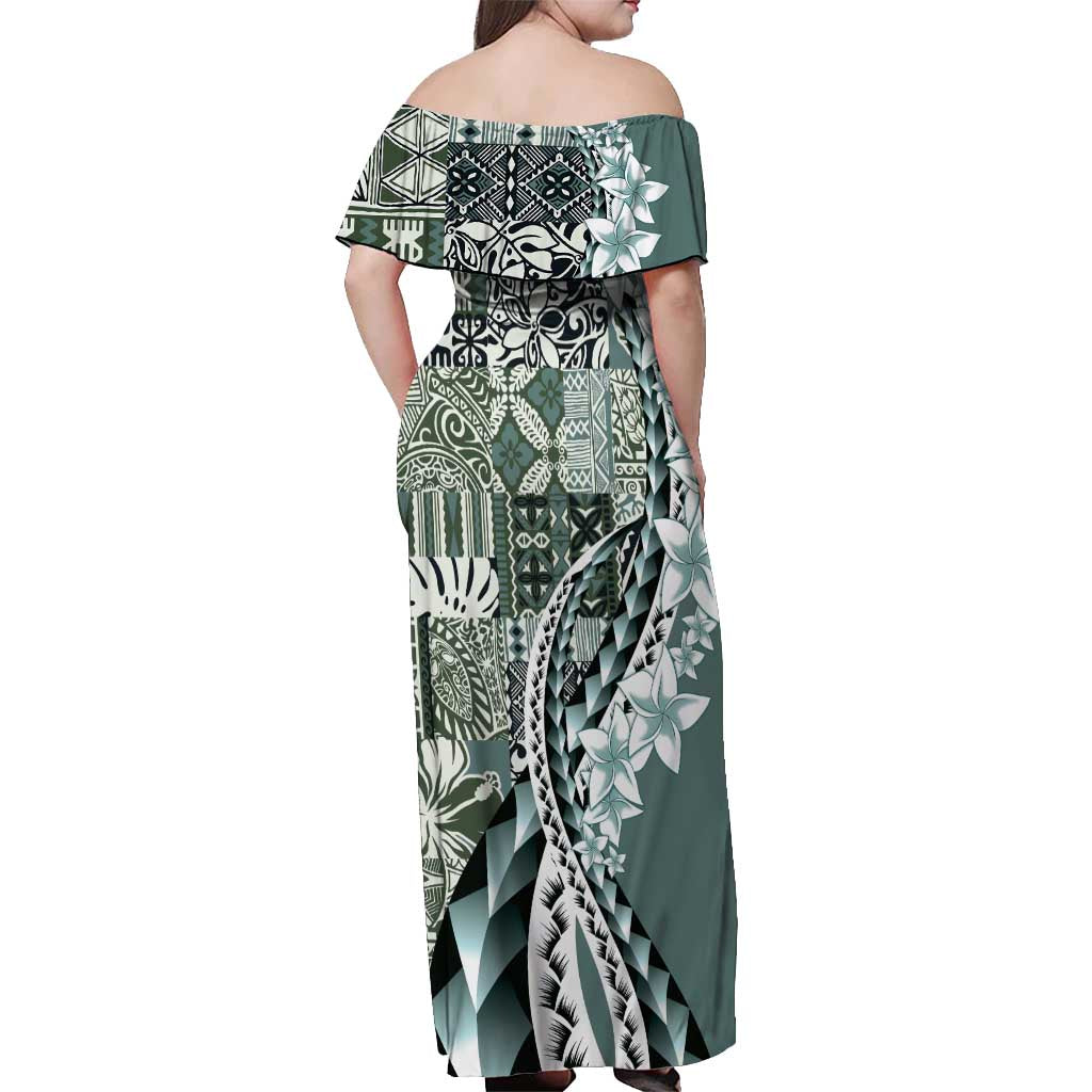 Aloha Vintage Plumeria Hawaiian Tapa Pattern Off Shoulder Maxi Dress Dark Turquoise Hawaiian Tapa Pattern - Polynesian Pride