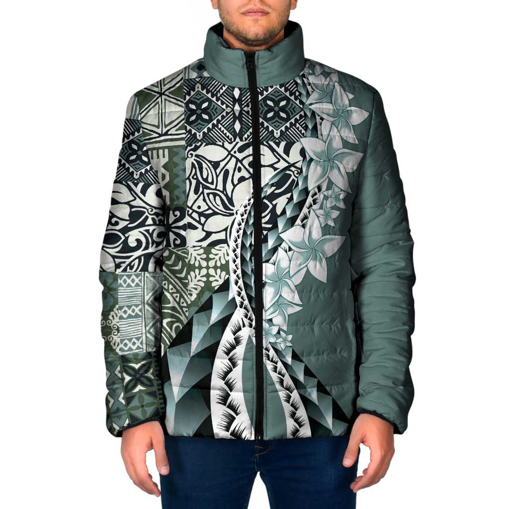 Aloha Vintage Plumeria Hawaiian Tapa Pattern Padded Jacket Dark Turquoise Hawaiian Tapa Pattern LT9 Men Turquoise - Polynesian Pride
