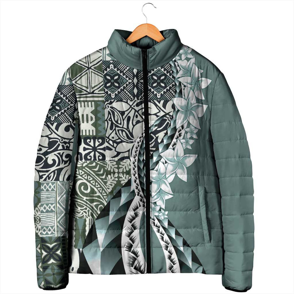 Aloha Vintage Plumeria Hawaiian Tapa Pattern Padded Jacket Dark Turquoise Hawaiian Tapa Pattern LT9 - Polynesian Pride