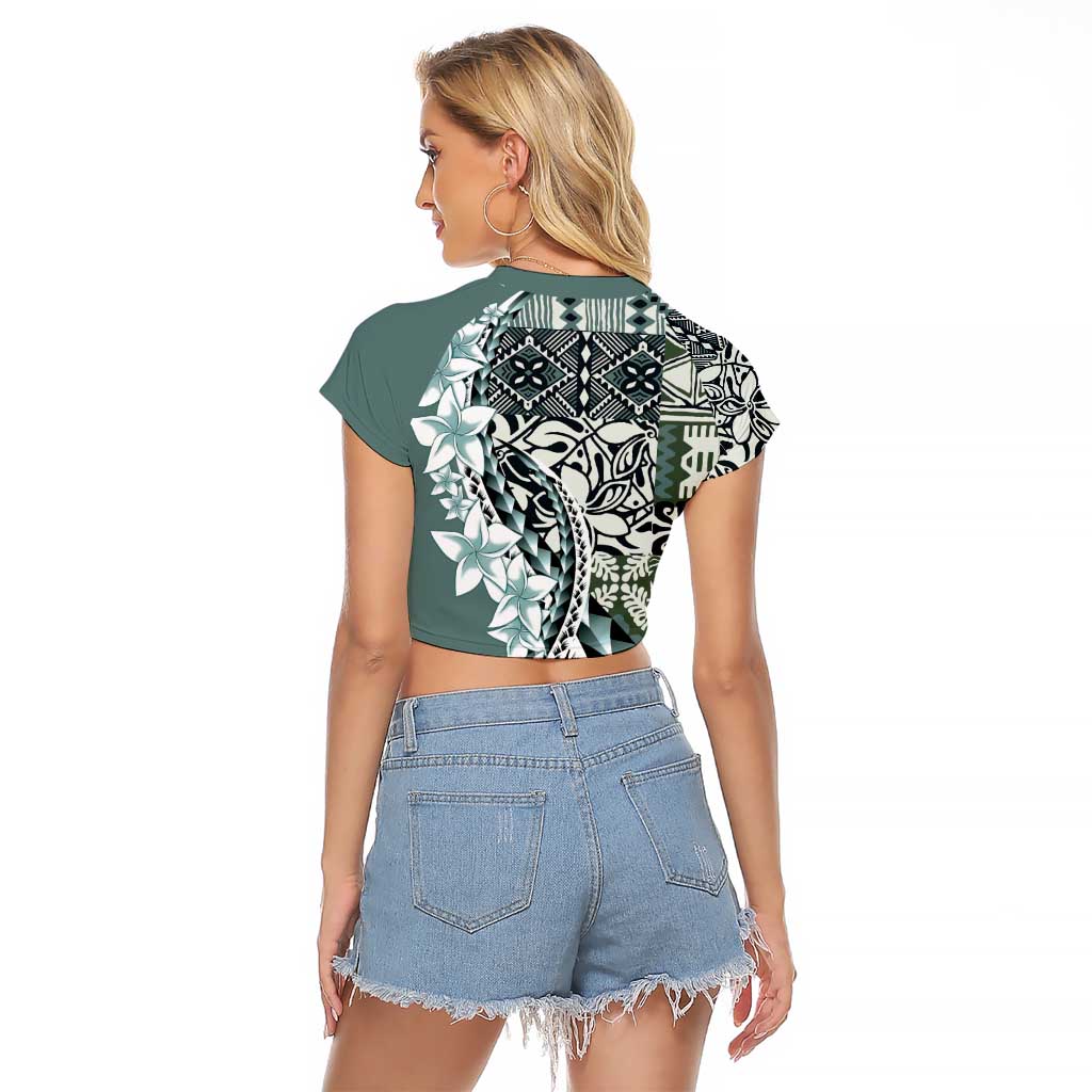 Aloha Vintage Plumeria Hawaiian Tapa Pattern Raglan Cropped T Shirt Dark Turquoise Hawaiian Tapa Pattern - Polynesian Pride