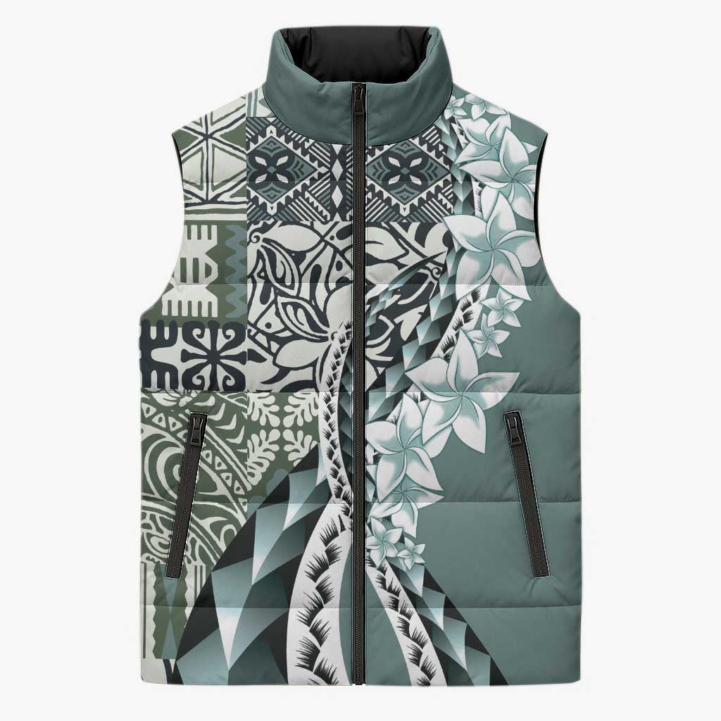 Aloha Vintage Plumeria Hawaiian Tapa Pattern Sleeveless Puffer Jacket Dark Turquoise Hawaiian Tapa Pattern LT9 Unisex Turquoise - Polynesian Pride