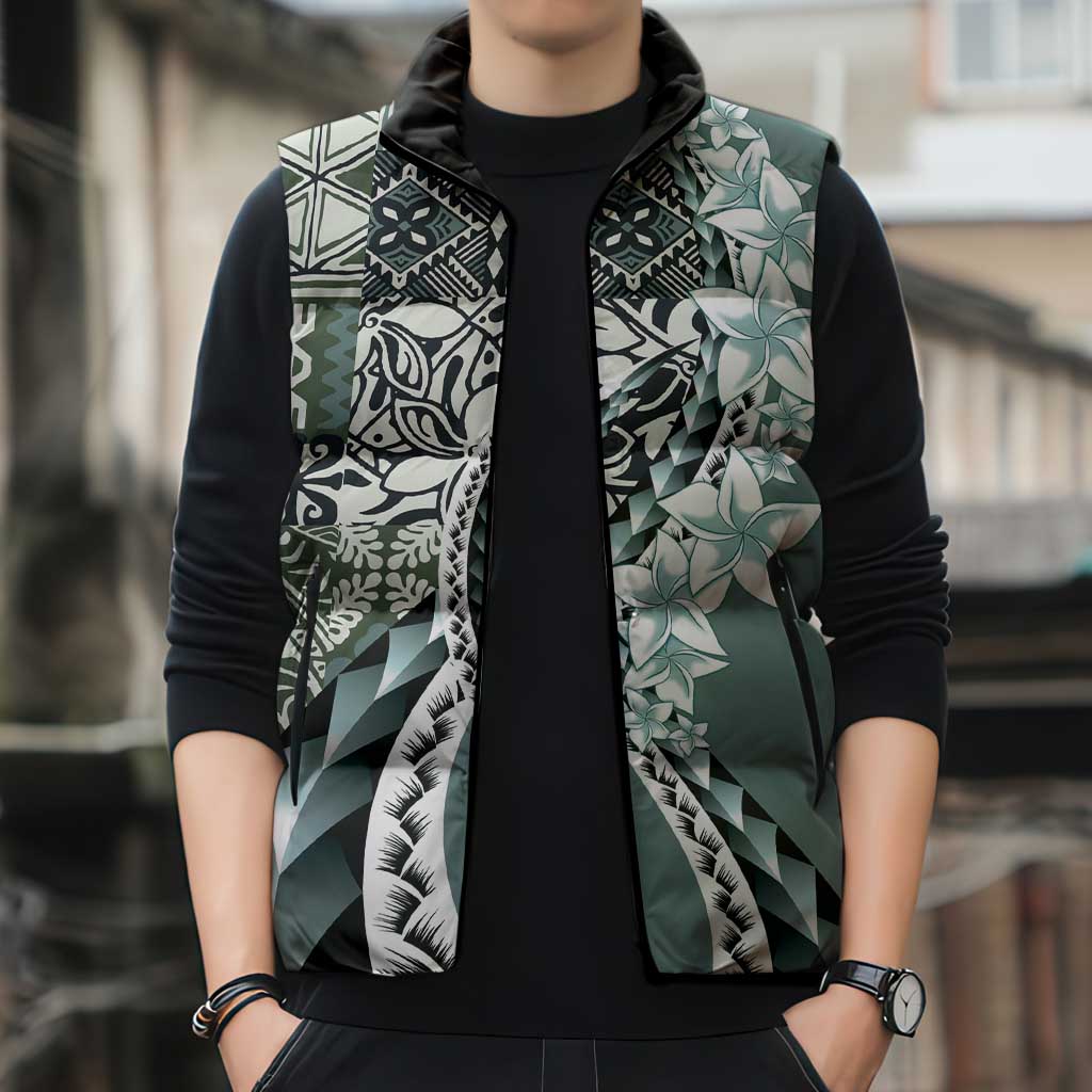 Aloha Vintage Plumeria Hawaiian Tapa Pattern Sleeveless Puffer Jacket Dark Turquoise Hawaiian Tapa Pattern LT9 - Polynesian Pride