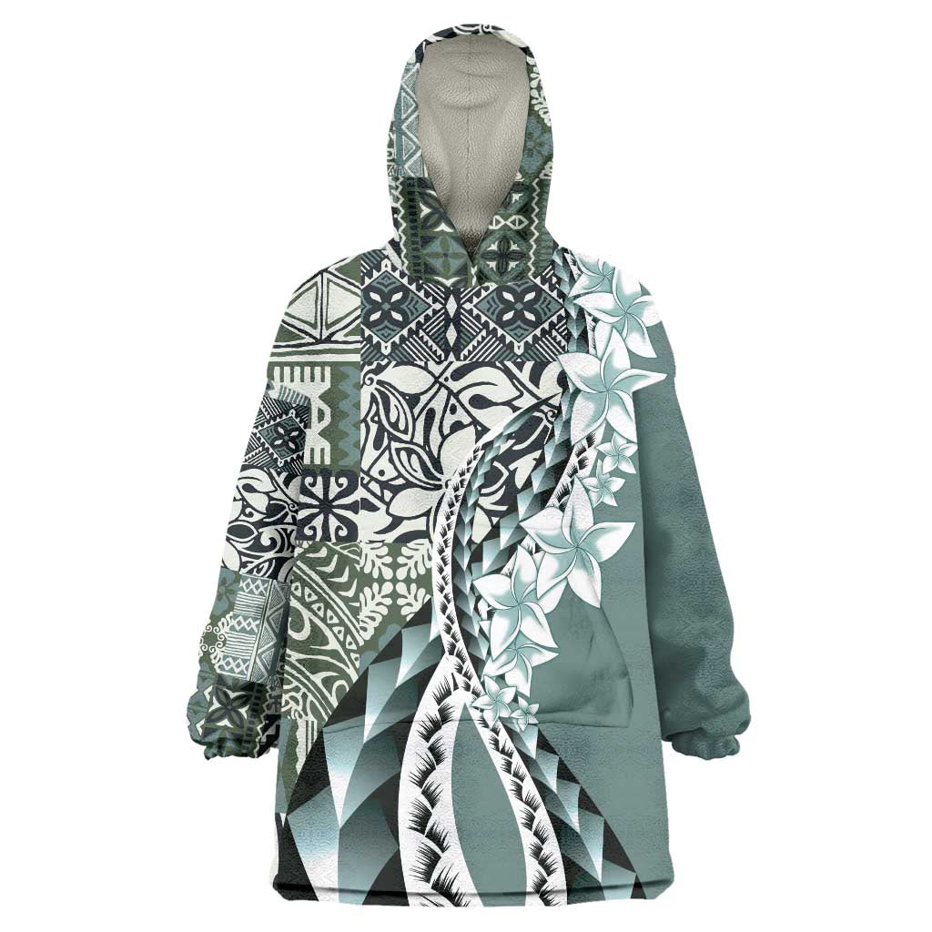 Aloha Vintage Plumeria Hawaiian Tapa Pattern Wearable Blanket Hoodie Dark Turquoise Hawaiian Tapa Pattern LT9 One Size Turquoise - Polynesian Pride
